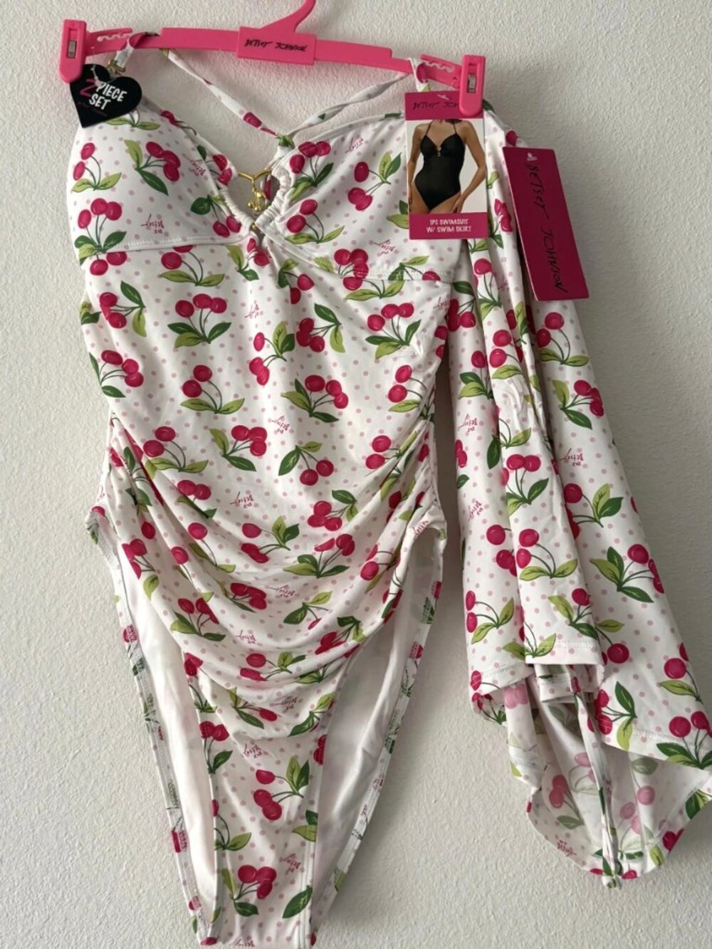 Betsey Johnson Juicy Cherry Dot One-Piece Swimsuit & Swim Skirt Set Small NWT